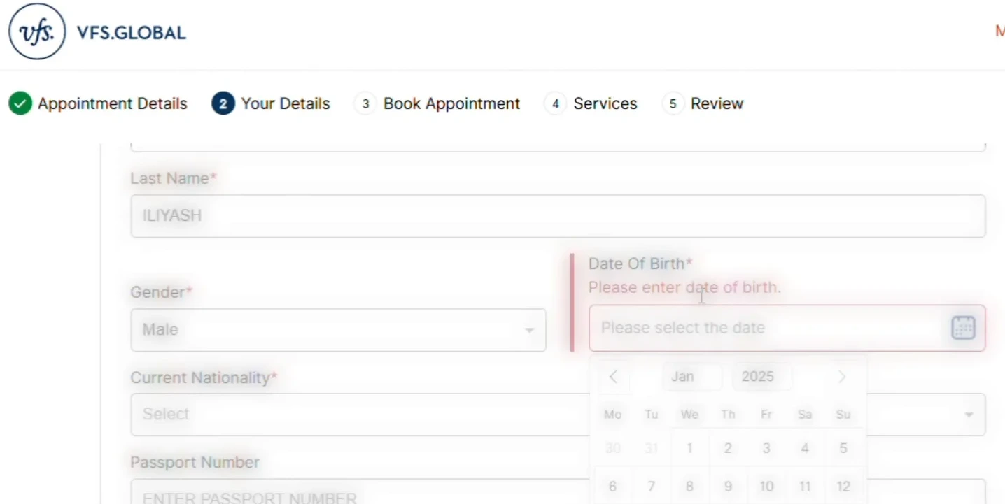Form for entering personal details for appointment booking