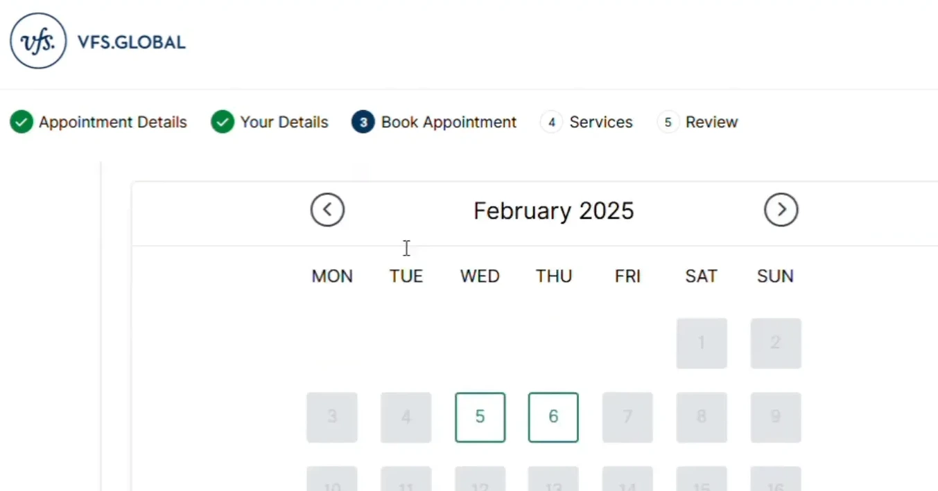 Calendar showing available dates and time slots for appointment