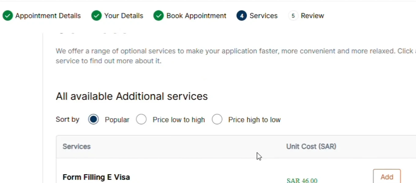Optional services page during appointment booking