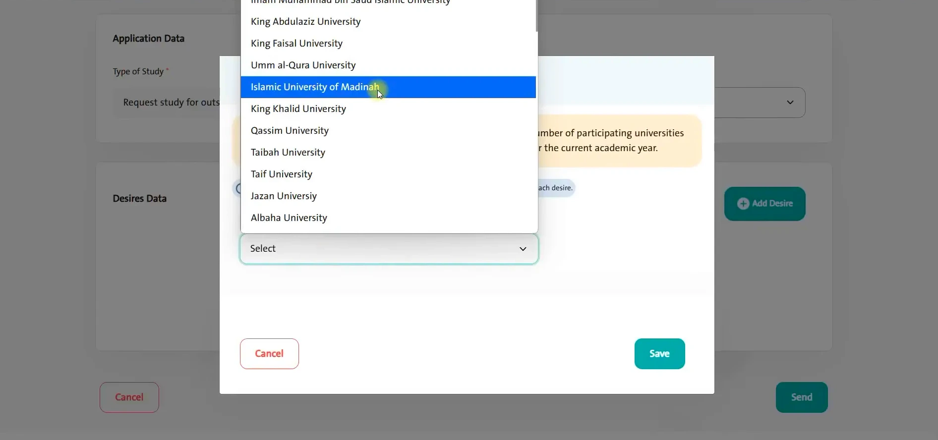 Selecting universities and faculties in Study in Saudi portal