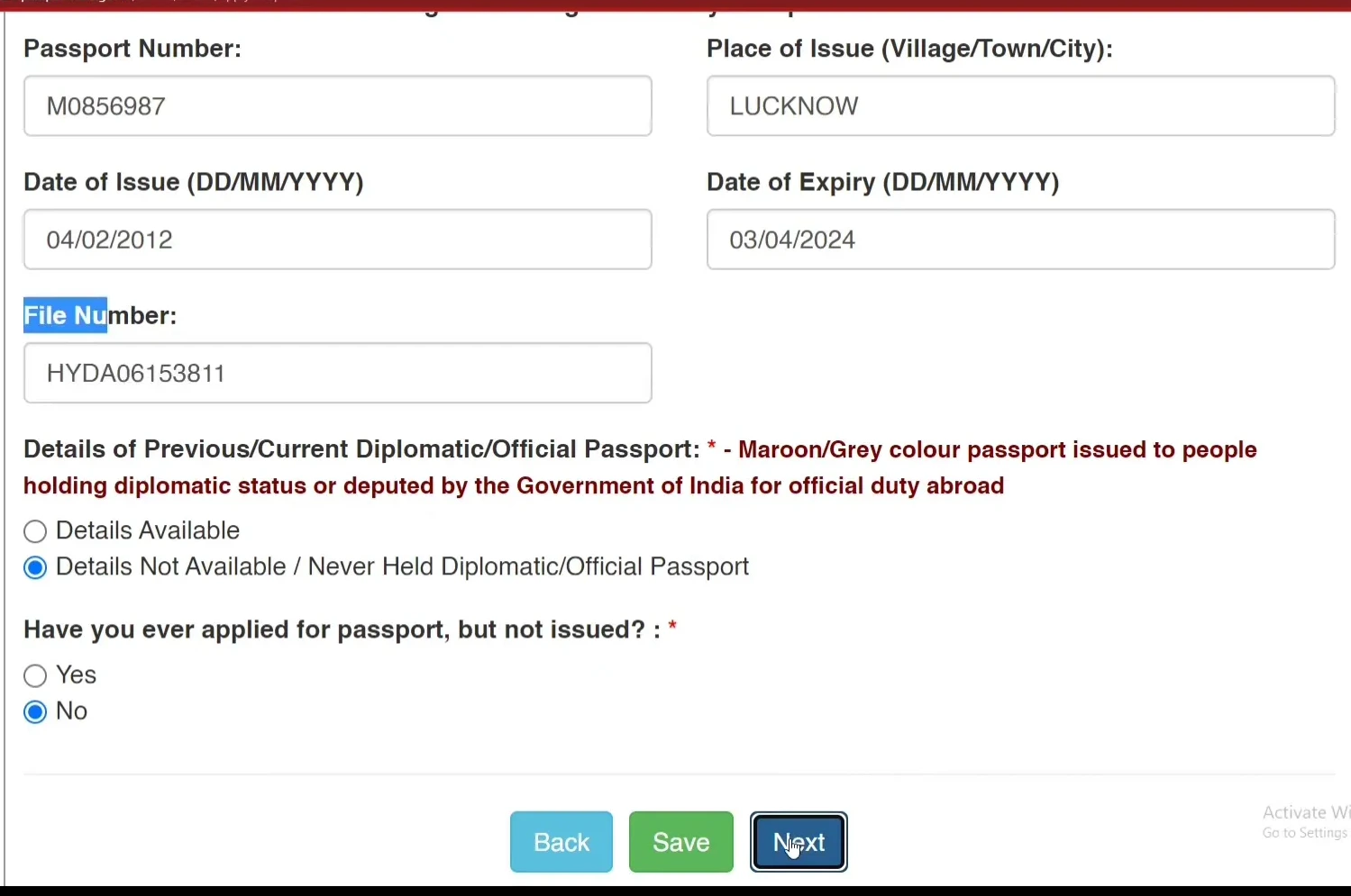 Entering previous passport details and final review