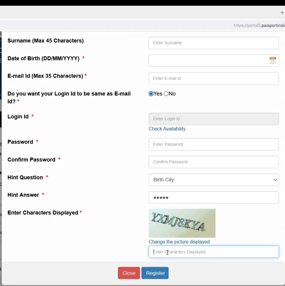 Indian Embassy passport portal registration page