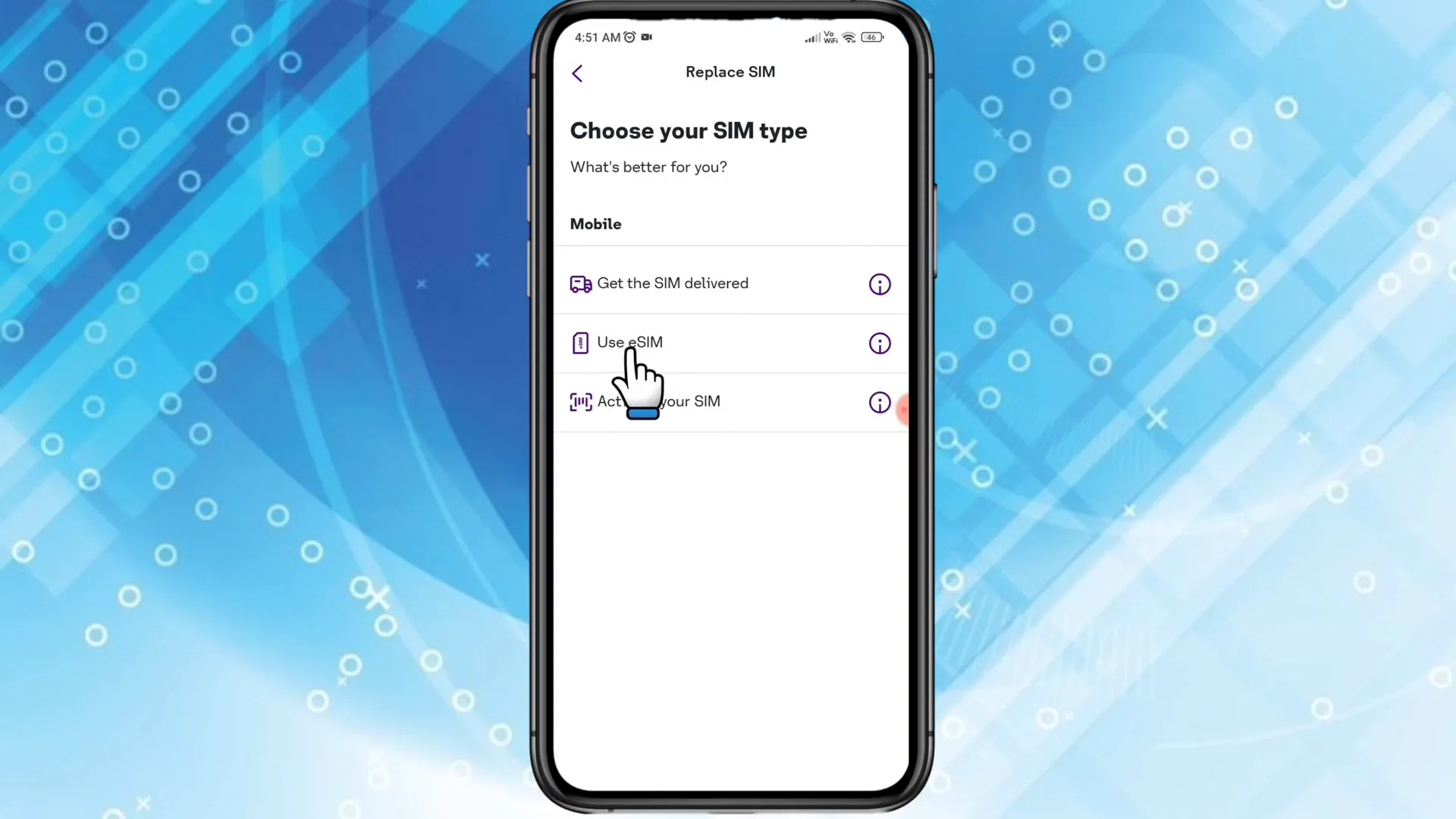 Select Use eSIM option and confirm device compatibility