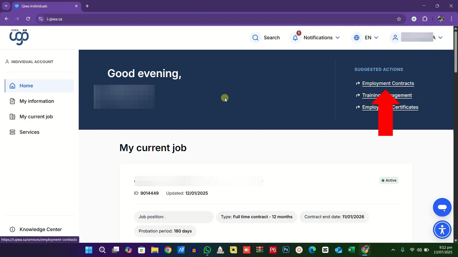 If contract link is missing, navigate to Services and select Employment Contract